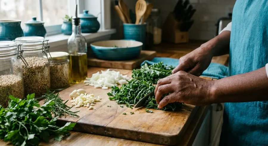 Mãos fatiando couve, com alho e cebola picados ao lado