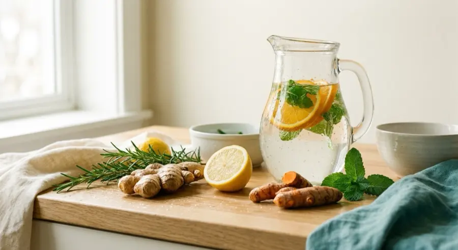 Jarra de água com laranja e hortelã, gengibre e cúrcuma sobre a bancada